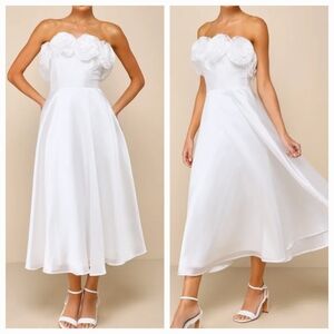 Lulus Idyllic Muse White Organza Rosette Strapless Midi Dress